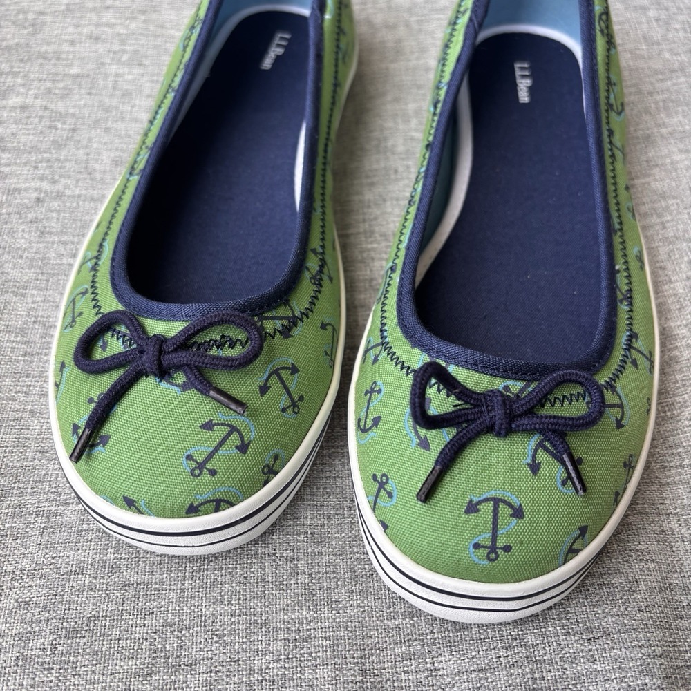 L.L. Bean Women's 8W Boat Sneaker Shoes Canvas Green Blue Nautical Anchors - Picture 5 of 14